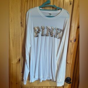 Pink Victoria’s Secret long sleeve shirt with gold/silver sequin lettering large